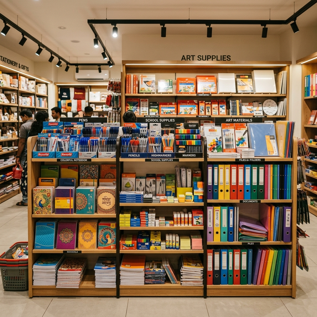 Preet Stationery store — school supplies, notebooks, pens, art materials on display in Janta Nagar, Ludhiana